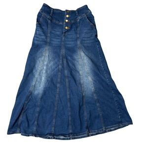 Chartou Womens Denim Maxi Skirt Blue High Waist Button Fly Flared A-Line Large